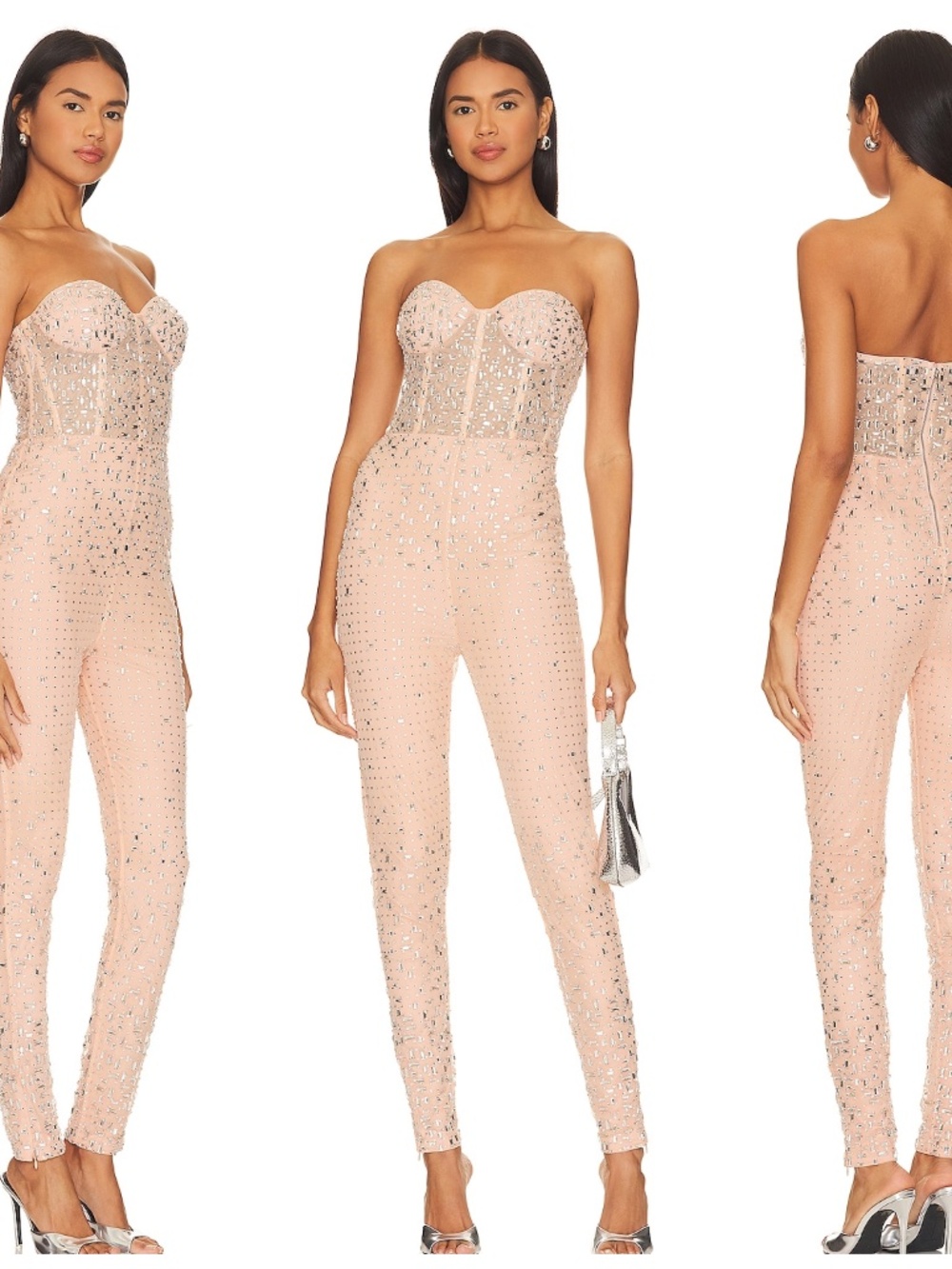 Retrofete VEGAS Jumpsuit Dusty Peach Nude Sequin Strapless Bustier XS